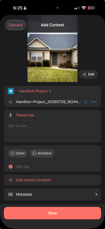 The Add Context card with stack picker, note field, and tags