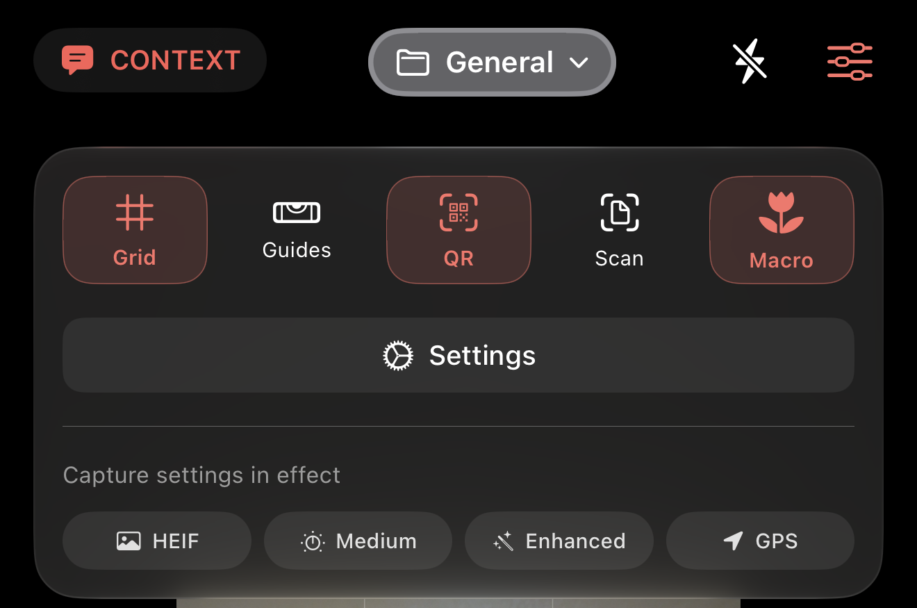 The quick-control tray open, showing Grid, Guides, QR, Scan, and Macro toggles